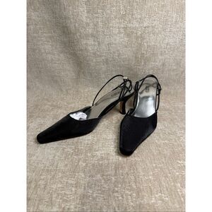 Valenti Franco Women's Shimmer Satin Strappy Slingback Heeled Shoes Black Sz 7.5